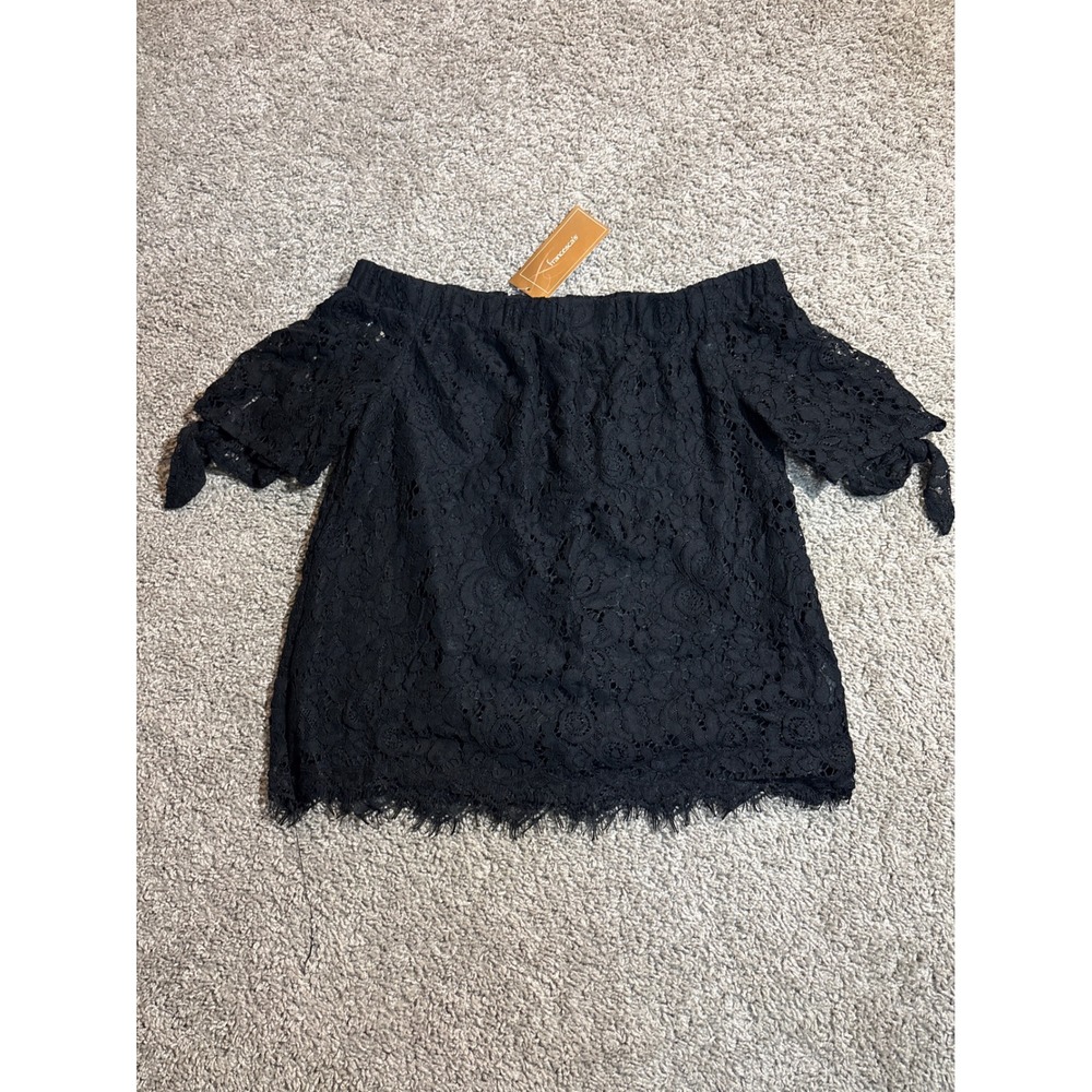 Francescas Miami Black Lace Off The Shoulder Top Short Sleeve Tie Detail Small